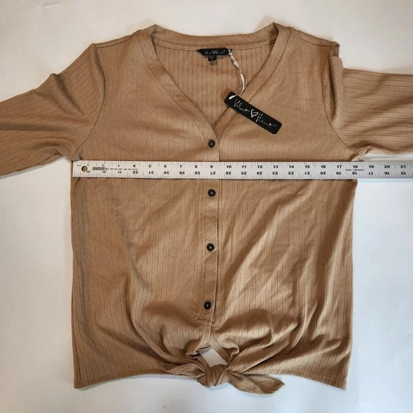 Velvet Heart Cori V-Neck Button Tie Front Ribbed Top In Camel Womens Size S NWT - Picture 9 of 11